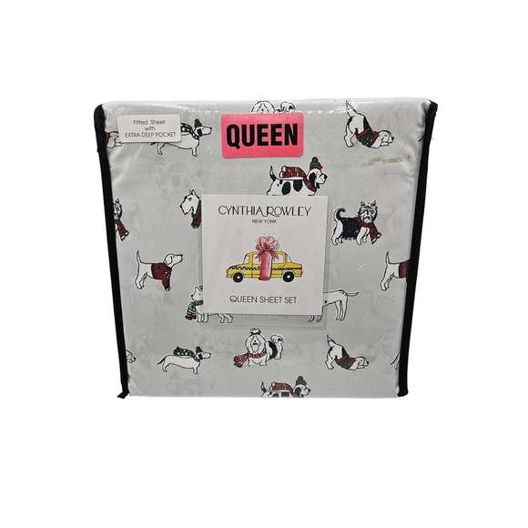 Cynthia Rowley‎ Christmas Dog QUEEN Sheet Set Holiday Winter Sweater Scarf XDeep - Picture 1 of 8